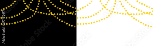 Illustrative golden string lights form a decorative border on black and white backgrounds, perfect for festive events and joyous invitations