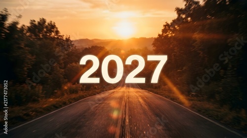 Road stretching towards a bright sunset with the year 2027 prominently displayed in the foreground