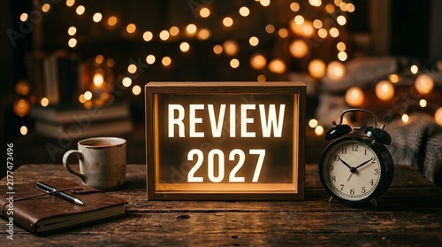 Review 2027 illuminated light box with cozy objects and twinkling lights in the background