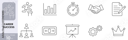 Business management and career success line icon set for corporate strategy leadership and financial growth