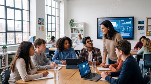 Students learning with artificial intelligence in classroom