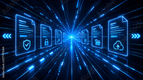 Digital documents and data flow in futuristic blue abstract tunnel