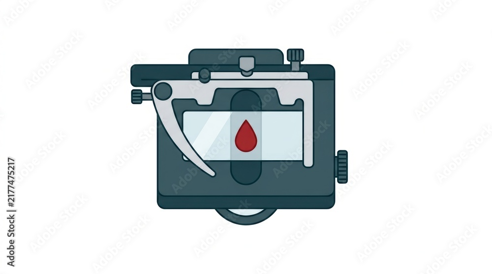 Fototapeta premium Close up of a laboratory microscope stage holding a slide with a drop of red liquid