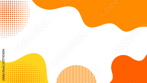 Modern Abstract Organic Fluid Shapes in Vibrant Orange and Yellow with Halftone Dots and Striped Circles 