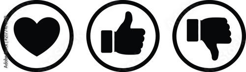 Love, like, and dislike icon, circular outline style, heart and thumb up down signs, user feedback, social media engagement, reaction interface, isolated on white background.