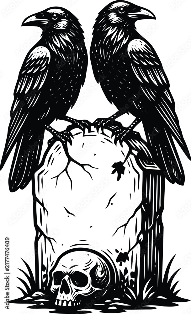 Naklejka premium Two ravens perched on a weathered tombstone with a human skull, gothic vector illustration.