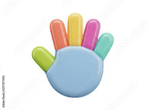 Colorful 3d hand icon with multi colored fingers for kids and education designs isolated on transparent background