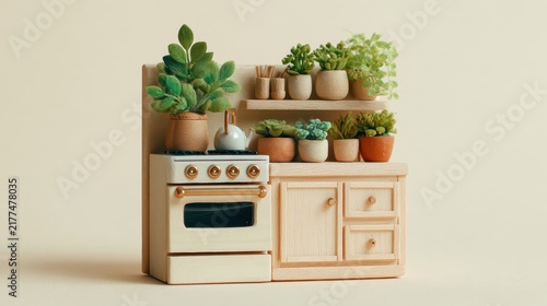 Miniature wooden kitchen playset featuring beige stove and succulent plants for creative children toy photography.