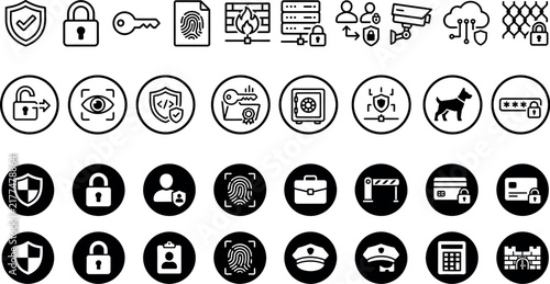 Collection of simple black line icons representing various data and security concepts