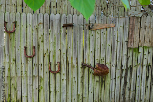 Fotografie Old wooden fence panel with rusted shovel, horseshoes and a saw, covered in green moss and patina; evokes rustic, nostalgic outdoor garden atmosphere and textured vintage decay