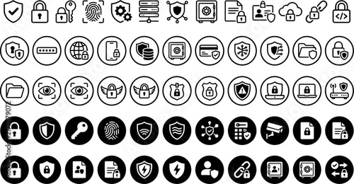 Collection of various black and white circular icons representing technology and security
