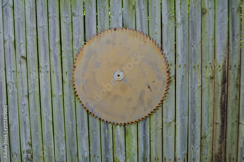 Obraz na plátně A large rusty circular saw blade centered on a weathered wooden fence, offering a rustic industrial texture with green moss and peeling paint — ideal for backgrounds, DIY, or workshop themes