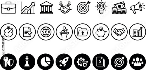 Collection of business and finance icons in a simple line art style