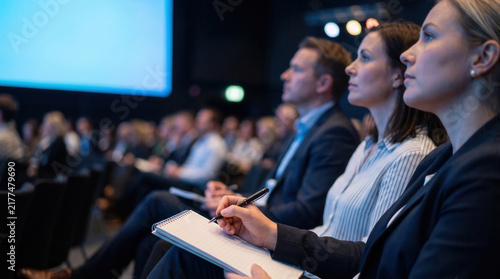 Business professionals attending a corporate conference and taking notes in a dark auditorium