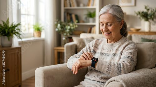 Senior woman checking heart rate on smartwatch in a bright, cozy living room