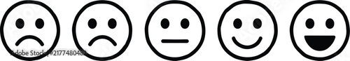 Customer, rate satisfaction level emoticon icon, five facial expressions of feedback vector, editable stroke, rating scale, customer review and evaluation symbols.