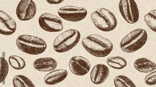 Roasted coffee beans seamless pattern featuring sketch illustrations on textured brown background for cafe branding.