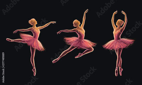 Obraz na płótnie Glowing neon sketch illustration of three elegant ballet dancers performing grac