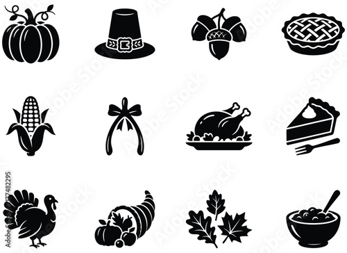 Картината върху платно Thanksgiving holiday solid black silhouette icons set with pumpkin, pilgrim hat, turkey, pie, corn, and wishbone