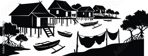 Silhouette landscape of a traditional tropical fishing village with stilt houses and outrigger boats