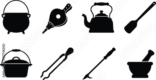 Silhouette collection of vintage fireplace tools, rustic cast iron cookware, and old kitchen utensils