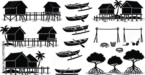 Silhouette vector set of tropical fishing village stilt houses outrigger boats and mangrove trees