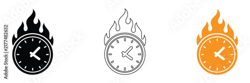 Clock on fire flame vector icon set in black outline and orange style for deadline urgency fast speed pressure time management hot offer concept graphic clipart isolated on white background