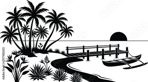 Tropical beach sunset silhouette landscape with palm trees wooden pier and outrigger boat