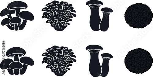Vector silhouette set of edible mushrooms and truffles isolated on white background