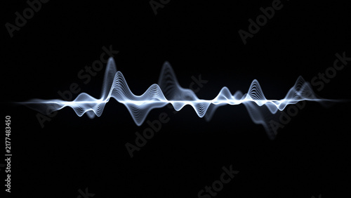 Abstract sound background of white glowing audio waves on black. Digital sound waves, music background, audio waveform and signal. Noise frequency and spectrum, rhythm, pulse, voice and speech