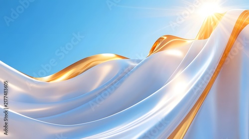 Flowing White and Gold Silk Waves Against Bright Blue Sky with Sunlight