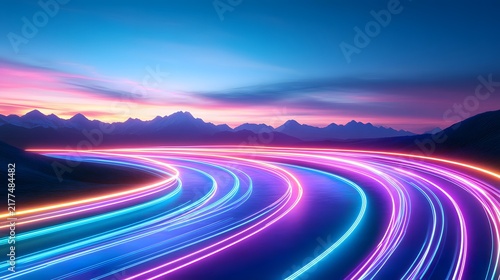 Neon Light Trails Flowing Through Mountain Landscape at Twilight