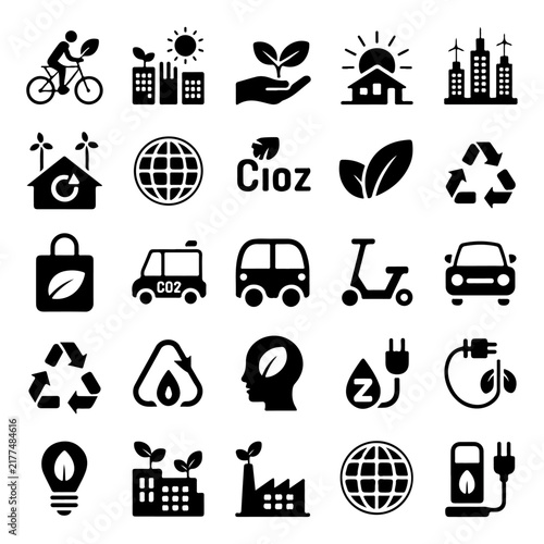 Green city eco urban planning and renewable energy line icons