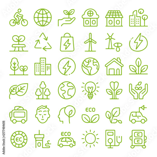 Green city eco urban planning and renewable energy line icons