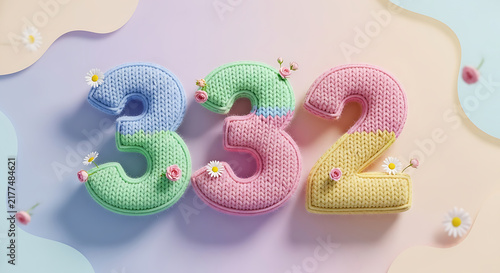 Adorable knitted numbers 332 with soft pastel gradients and delicate floral accents, perfect for a gentle, whimsical theme