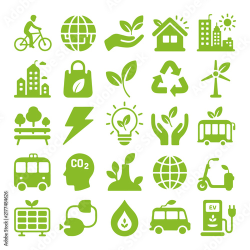 Green city eco urban planning and renewable energy line icons