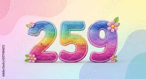 Cute knitted number 259 with rainbow colors and delicate flowers, perfect for celebrations and joyous occasions.