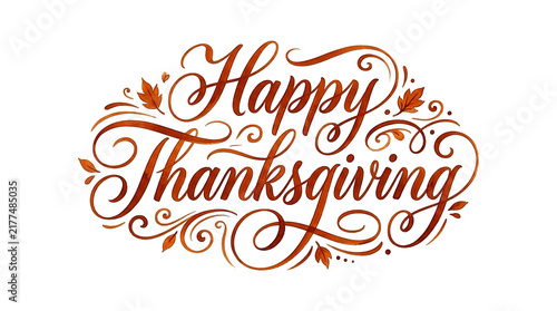 Happy Thanksgiving calligraphy with fall leaves isolated on transparent background