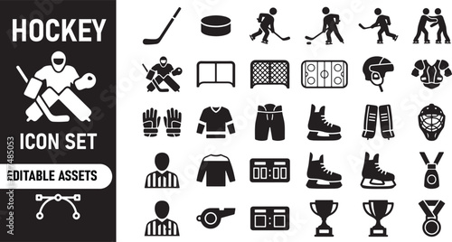 Set of black ice hockey icons and sports equipment symbols