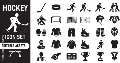 Set of black ice hockey icons and sports equipment symbols