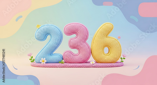 Soft, knitted numbers '236' in pastel blue, pink, and yellow, decorated with small flowers and leaves on a whimsical background.