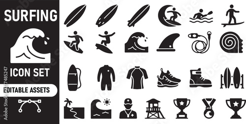 Set of black surfing icons with boards and waves