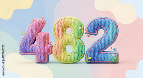 Charming, colorful knitted numbers '482' with rainbow and pastel hues, adorned with small flowers and green leaves against a soft background.