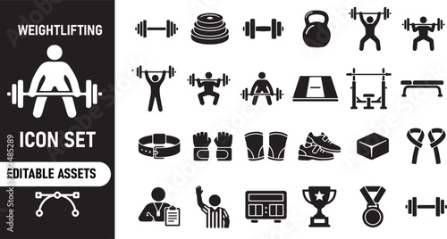 Weightlifting and gym fitness icons set