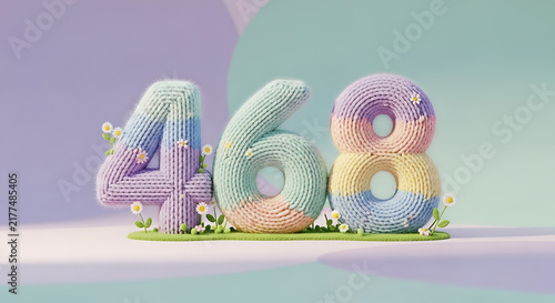 Charming knitted numbers '468' in pastel and rainbow colors, nestled on grass with small daisies and leaves, against a soft backdrop.