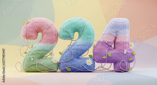 Whimsical knitted numbers '224' in pastel pink, teal, and purple, entwined with vines and small flowers on a soft, abstract background.