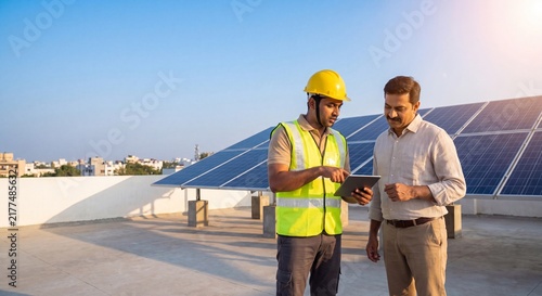 Indian Homeowner and Technician Discussing Rooftop Solar Panel Installation on Digital Tablet