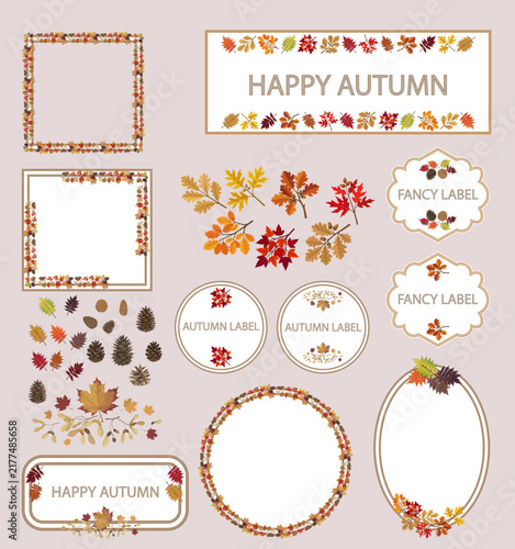 Decorative autumn frames, wreaths, and label templates with fall leaves and pinecones. High-quality vector set for Thanksgiving, seasonal promo, and party invitations.