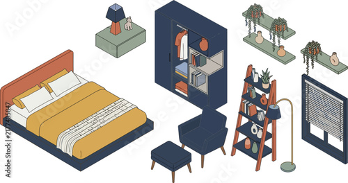 Isometric Bedroom Furniture Set with Modern Bed, Wardrobe, Bookshelf, Armchair, Floating Plant Shelves, and Interior Architecture Assets for Room Mockups