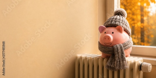 Piggy bank wearing a knitted hat and scarf sitting on a home radiator, representing heating costs, autumn savings, energy bills and household budgeting. Copy space